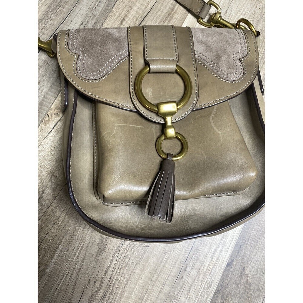 FRYE Ilana Green Gray Taupe Leather Saddle Crossbody Bag  Bohemian Casual Tassel - Picture 14 of 16